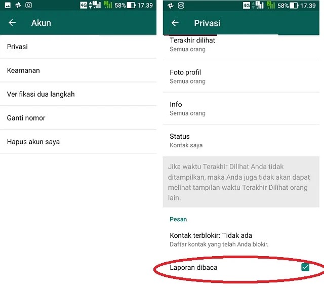 Gambar tutorial menghilangkan centang biru di WhatsApp